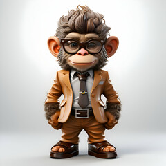 Funny monkey dressed in brown suit and glasses. 3d illustration.