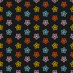 Seamless pattern with colorful outline flowers and black background