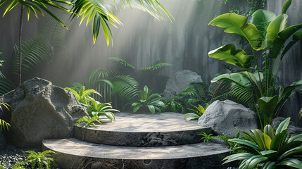 Tropical-themed composition featuring a stone podium and lush greenery, ideal for modern product promotions