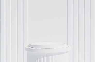 White pedestal, white background for displaying cosmetic products, fashion, promotions, 3D renderings