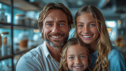 A smiling man from a life insurance company with a happy family, generative ai