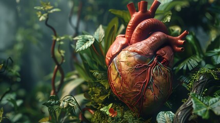 Human heart, A mesmerizing interpretation of the human heart, rendered with astonishing realism and infused with symbolic elements of growth and resilience, backdrop of lush greenery. Generative AI.