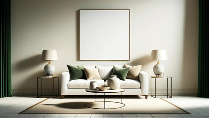 Modern Chic Living Room with White Sofa and Green Beige Accents