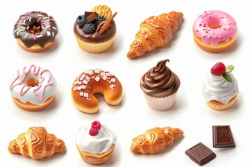 This set contains 3D realistic renders of cakes, donuts, croissants, cupcakes, ice cream, and chocolate.