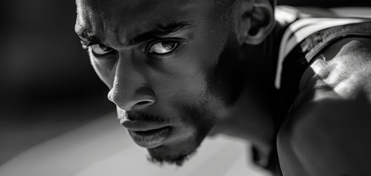 Close-Up of Black Athlete Staring at Camera in Black and White