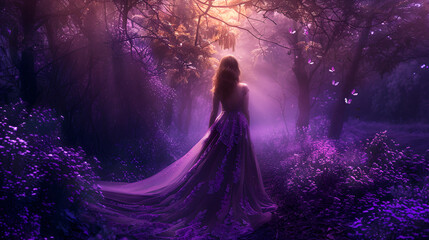 art photo young beauty woman queen autumn purple mystic tree purple long dress, generative Ai