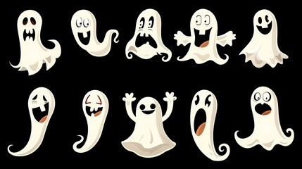 A modern cartoon illustration of flying white phantoms with different emotions isolated on black background. The images include a smiling, scaring, happy, surprised and angry ghost.
