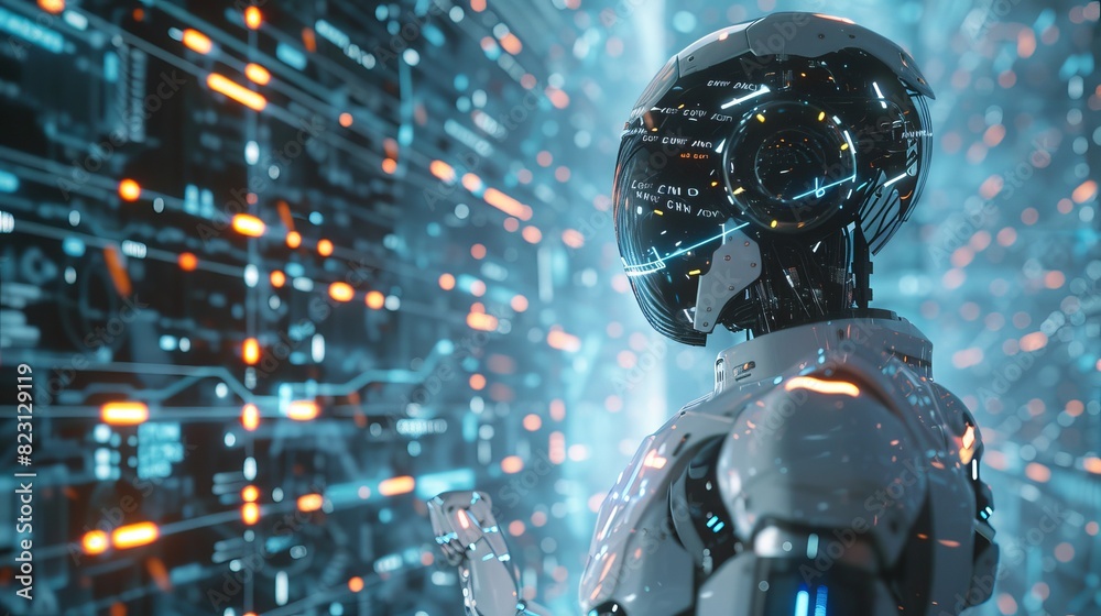 Poster an artificial cybernetic organism works with a virtual hud interface in augmented reality. a humanoi