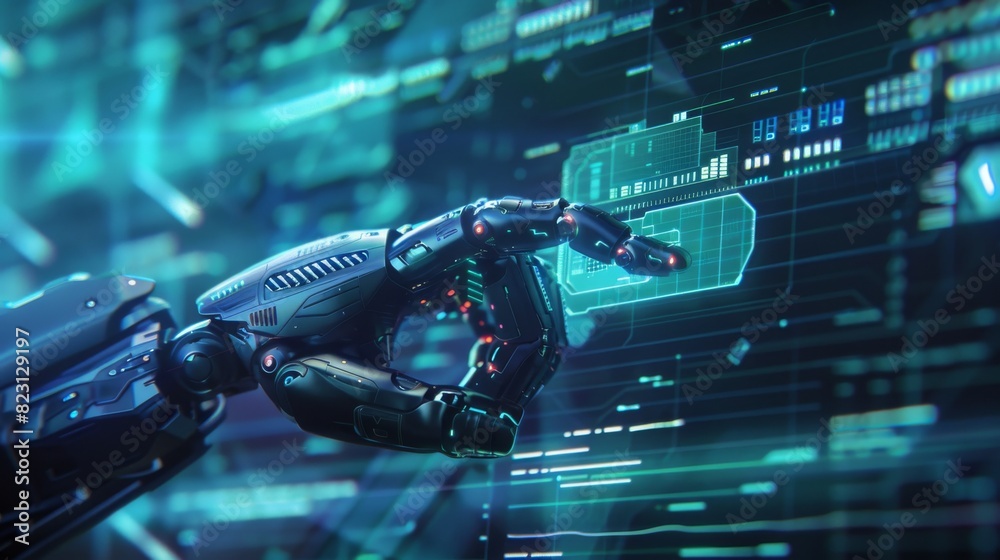 Poster working with a virtual graphic interface using a robotic hand.