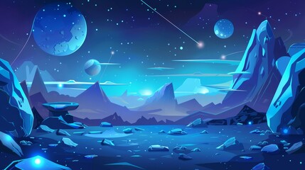 Illustration of a fantastic landscape of alien planet with game battle podium, rocks, flying stones, and glowing blue spots.