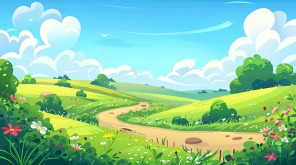 An illustration of the summer countryside with pastures, grass, and farmland in a rural landscape, complete with green agriculture fields, paths, and bushes with flowers.