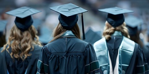 University graduates in cap and gown from behind at commencement ceremony. Concept Academic Achievements, Graduation Day, University Success, Commencement Ceremony