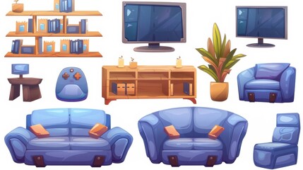 Modern cartoon illustration of a living room with a sofa, tv, and play console with joystick, and a potted plant.