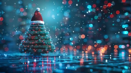 A simple Christmas tree made of glass glows with the silhouette of a tiny Santa Claus hat set atop it. The design is suitable for modern IT technology and electronics.