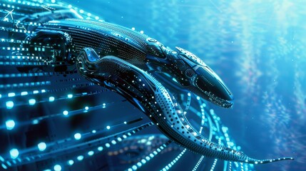 Naklejka premium Snake-like autonomous underwater robot surveys underwater metal constructions. Autonomous or remote-controlled biomorphic mechanism explores ocean. Robot streaming video. Future technology concept.