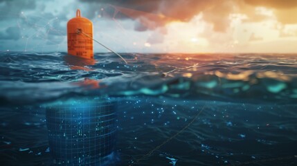 Orange buoy floating in ocean at dawn. Set of navigation meteorology equipment and beacon swinging on waves. Split view over water surface and underwater. Buoy chained to sea bottom.