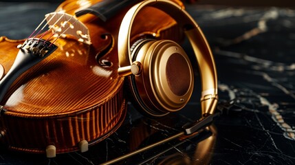 World Music Day banner with a close-up of golden headset headphones and a violin, rich and luxurious design, isolated background, studio lighting