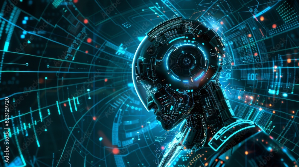 Poster robot with artificial intelligence control global communications. robots controlling the internet an