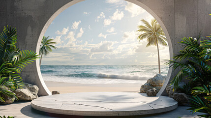 Tropical-themed podium with beach landscape, suitable for marketing and promotional presentations
