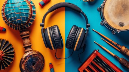 World Music Day banner, close-up of sleek headphones, diverse instruments, bright colors, isolated background, studio lighting