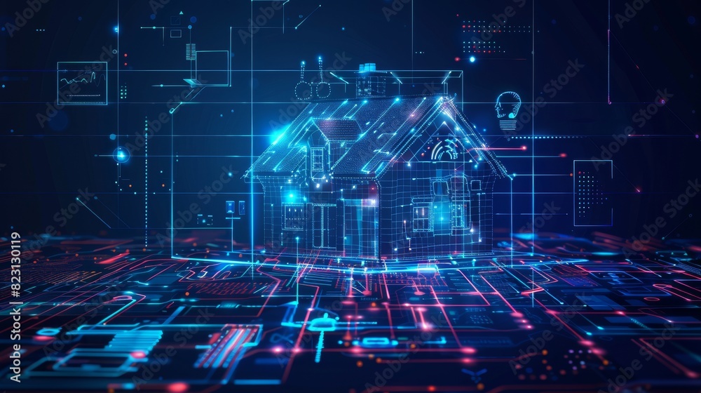 Poster iot concept. connecting devices through a network to control smart homes. background with internet o