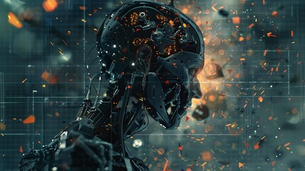 Cyborg or robot unable to cope with task. AI not up to the task. Artificial brain glitches and explodes. Robot head is destroyed in future.