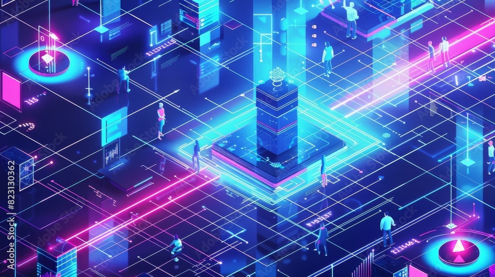 Poster isometric modern illustration of artificial intelligence analyzing business data and optimizing work
