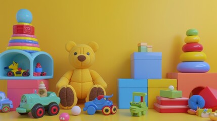 Obraz premium A variety of colorful toys are arranged on a yellow background. The toys include a teddy bear, a wooden train, and several blocks.
