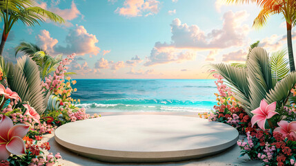 Tropical-themed podium with beach landscape, suitable for marketing and promotional presentations