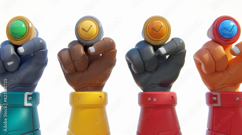 Poster isolated multi-ethnic hands pushing buttons on a white background with different sleeves and loading