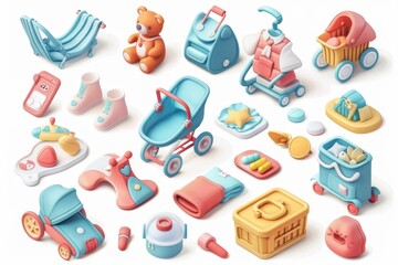 Modern icon set of baby cartoons with clothes, a bear, toys, medicine, strollers, baby foods, cradles and toys.