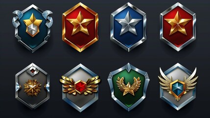 Graphic elements modern set of game rank icons, bronze, silver, and gold level badges. Isolated metal reward, trophy achievement graphic elements set for RPGs.