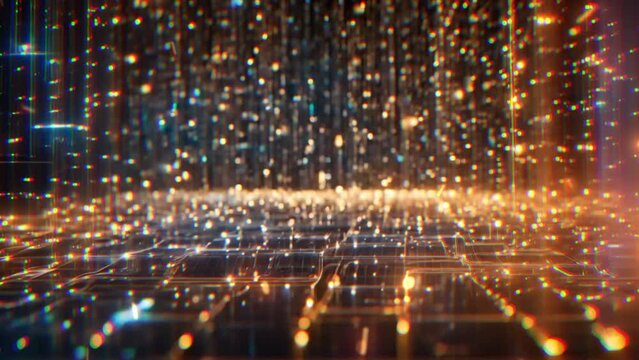Abstract digital data stream visual. High-speed light particles. Cybersecurity and technology concept.4k JD