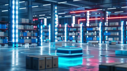 Robot driven by artificial intelligence on a modern warehouse. Drone-driven logistics center. Automated complete set for modern warehouse.