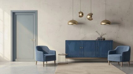 A blue cabinet with two chairs and an armchair in front of it