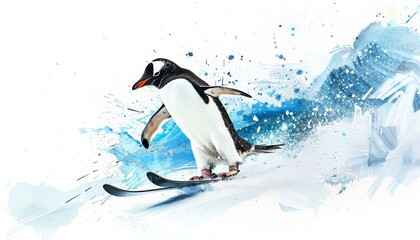 Obraz premium A watercolor painting of a penguin skiing down a snowy slope.