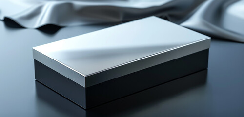 Top-down view of a matte black rectangular box with a silver reflective lid on a streamlined backdrop.