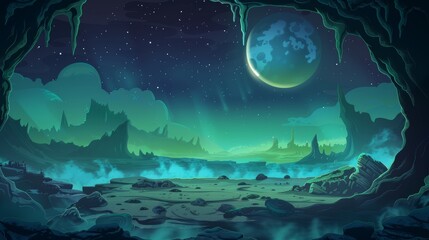 The surface of a green alien planet is covered with craters and toxic fog. Cartoon modern illustration of a starry sky at night and an uninhabited land filled with poisonous gases.