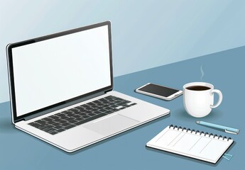 A blue desk with an open laptop, coffee cup, and notepad on it. The background is plain white