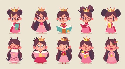 Isolated cartoon illustration of cute princess character with emotion and expression. Cartoon illustration of a cute girl in a crown and glasses reading a book, holding a gift box, feeling sad,