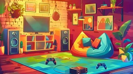 Interior of a gamer room with a TV gaming console and beanbag chairs. Modern illustration depicting a cozy home decor with video game controllers, a TV display, picture frames and potted plants.
