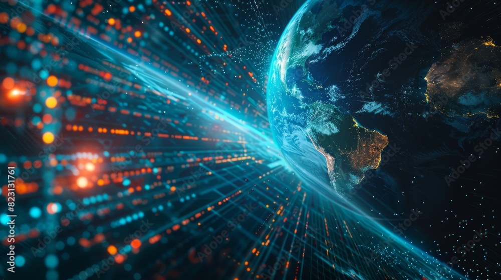Poster background image of global satellite internet technology. data flow from earth in space enmeshed int
