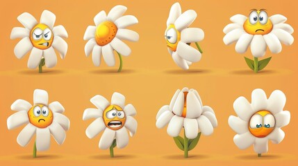 Cartoon illustration of a daisy chamomile flower with bitten petals and mood expressions. Comic groovy smile, sad, distrusting, and cheerful mood expressions.