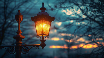 A street lamp flickers to life, its flame a beacon in the twilight. - Powered by Adobe