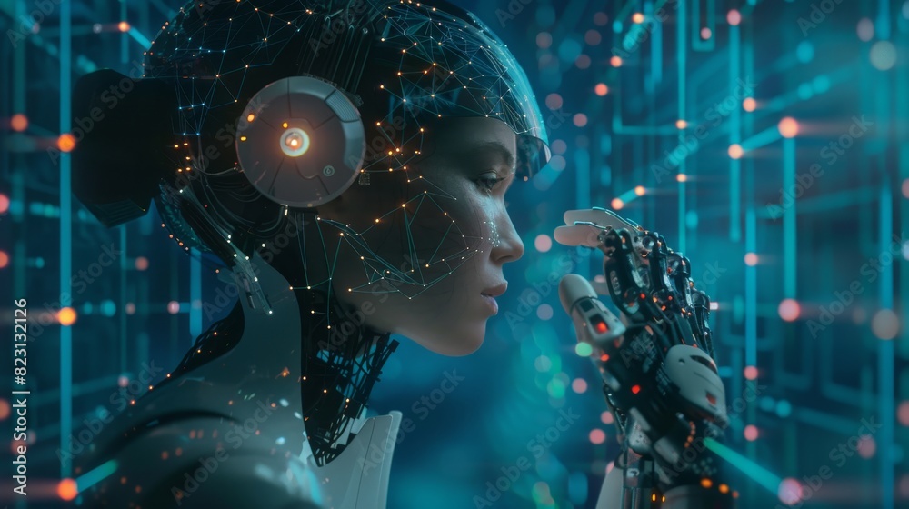 Poster robot woman sitting with human, analyzing data on hud interface in cyberspace. cyborg with ai workin