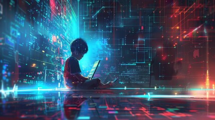 Coding, programming courses for children online. Boy studying robotics, game development, coding on the computer and learning game development.