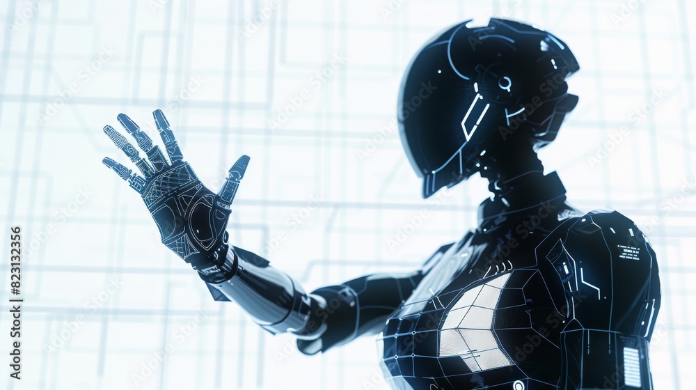 Poster robot or cyborg woman holding up hand palm to blank text place. humanoid machine with artificial int
