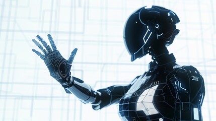 Naklejka premium Robot or cyborg woman holding up hand palm to blank text place. Humanoid machine with artificial intelligence or computer neural network. 3D rendering animation banner.