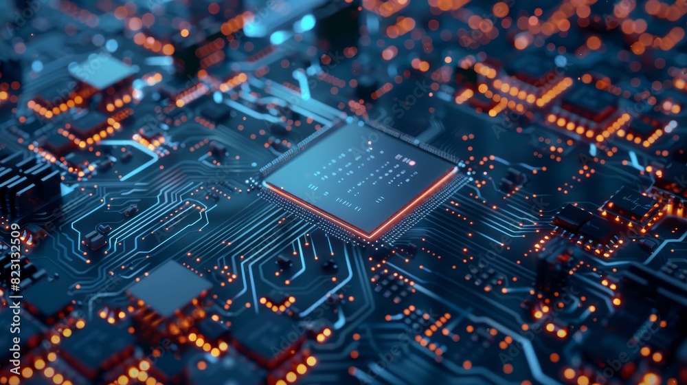 Poster cpu. abstract digital chip computer processor and electronic components on motherboards or circuit b