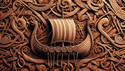 This detailed relief showcases a Viking longship amidst elaborate knotwork. The craftsmanship captures traditional Norse art with dragon-headed prows and intricate carvings, highlighting heritage